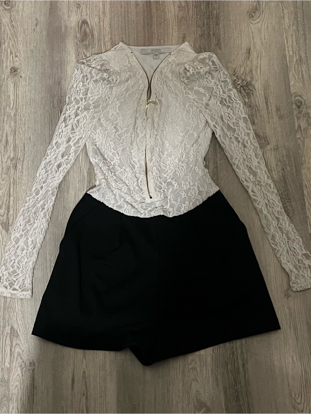 GUESS White Lace Top with Gold Zip Detail